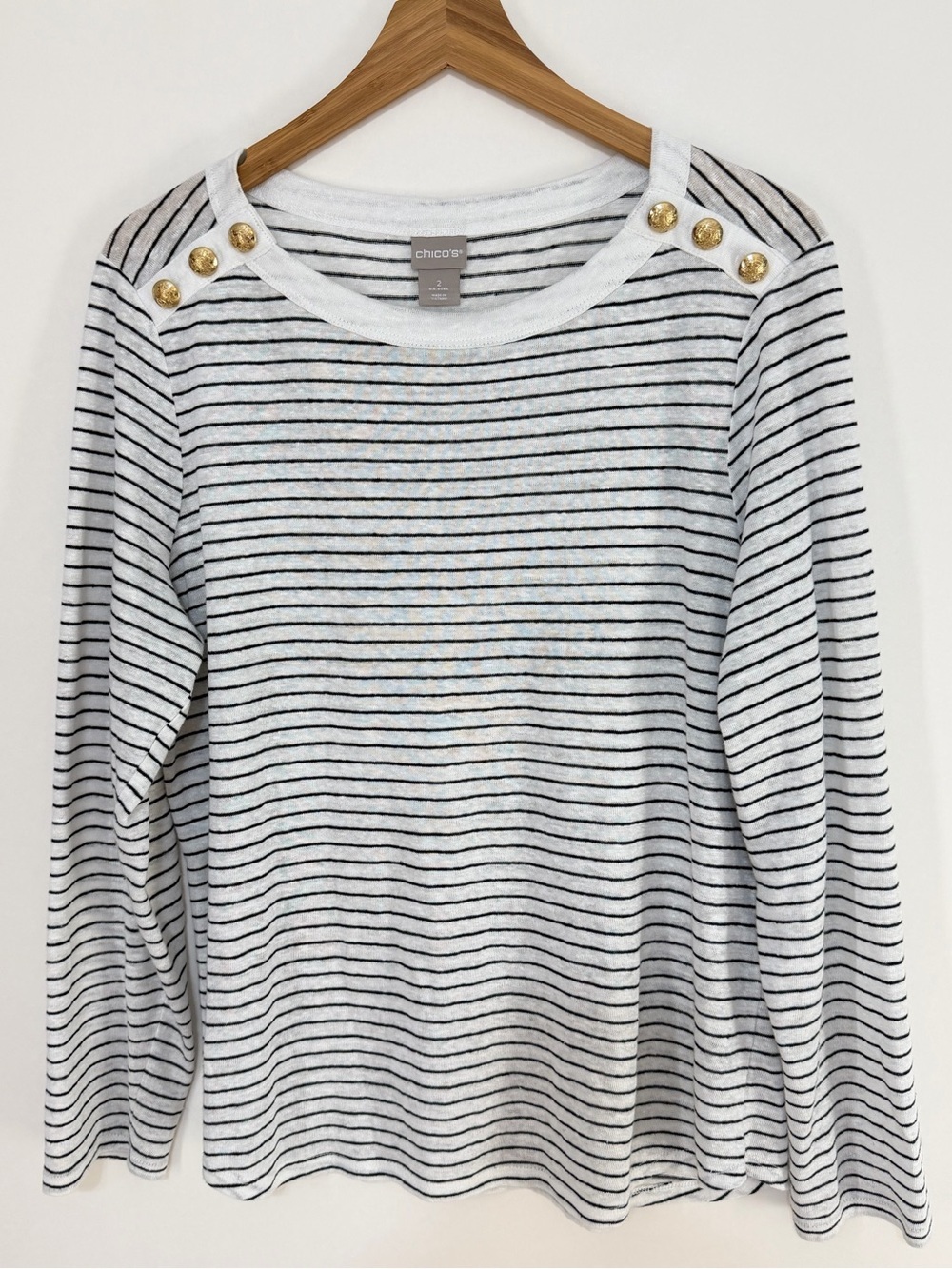 Chico's Women's Linen Long Sleeve Striped Boat Neck Top Size 2